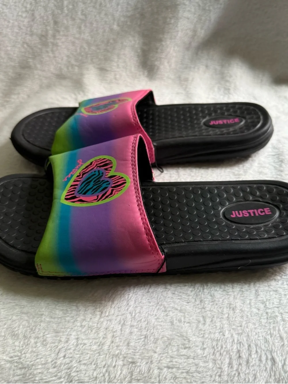 Justice Girls Black Slide‎ with Zebra-Print Heart and Rainbow Accents 6-7